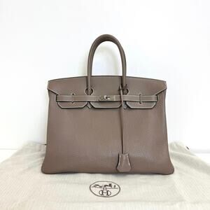 HERMES Etoupe Clemence Leather Birkin 35 Handbag Paladium Hardware Shoulder Bag